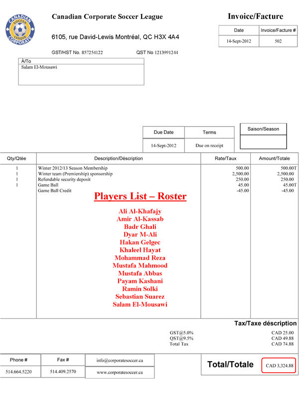 2012/2013 Invoice & Roster